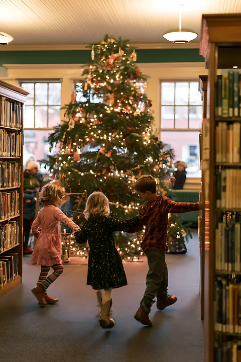 Three children dance around a decorated Christmas tree in a warmly lit library.