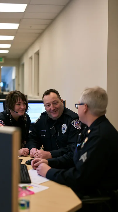 Three police officers are engaged in a discussion about workplace harassment in an office.