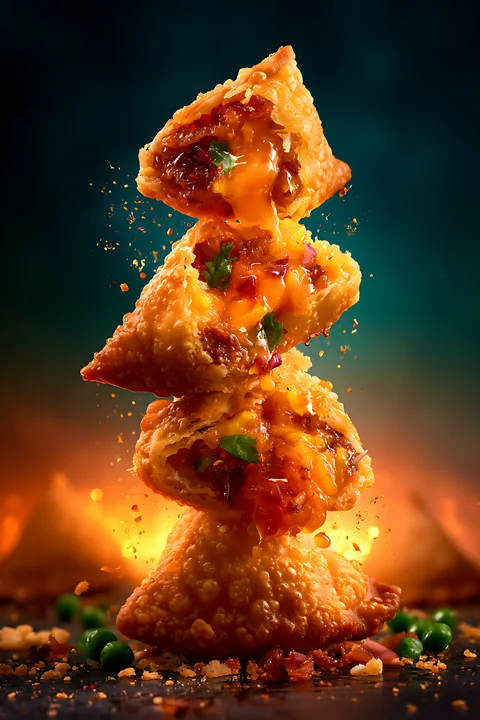 Three samosas are stacked on top of each other, with melted cheese and herbs visible inside.