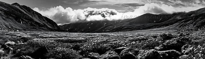 View of the Toyama alpine meadow featuring snowmelt and rocks in the foreground, with mountains and clouds in the background during daytime. Presented as a prem