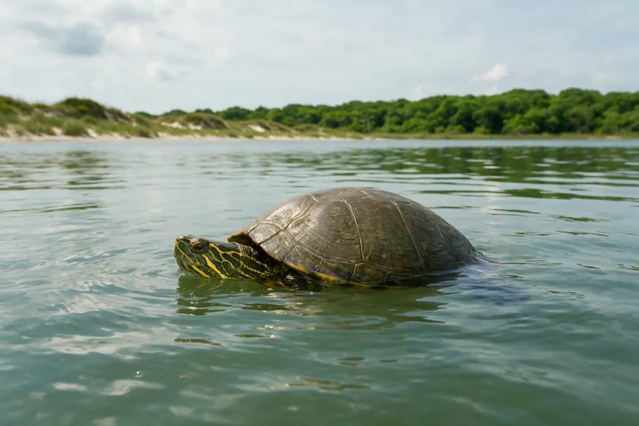 Turtle peeking above calm water near a sandy shoreline with dunes and green vegetation.