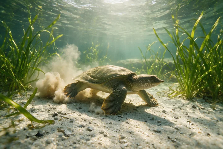 Turtle swims over a sandy underwater floor among aquatic plants and filtered sunlight.