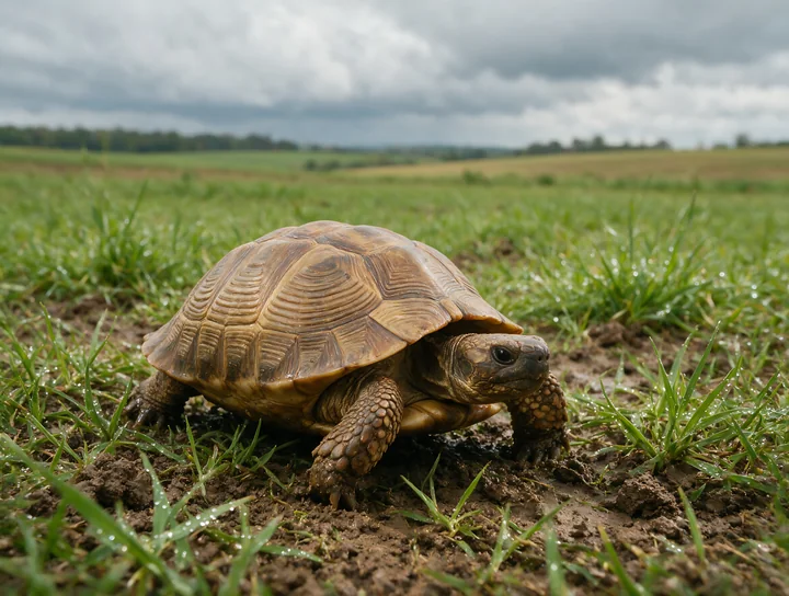 Turtle walking through wet grass and muddy soil in a rural field under a cloudy sky.