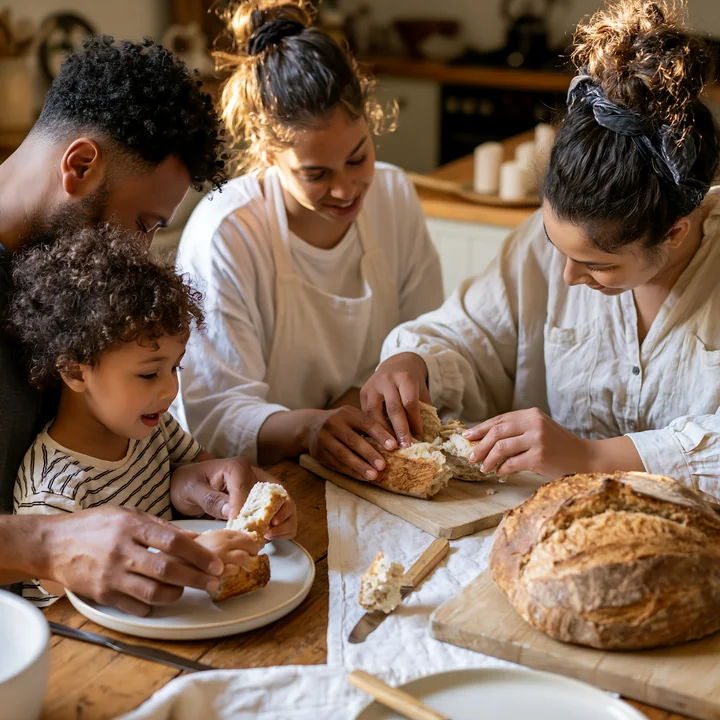 Two adults and two children share freshly baked bread around a wooden kitchen table.