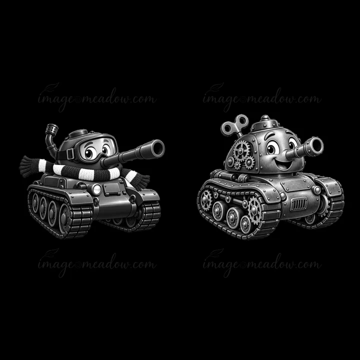 Two cartoon tanks face each other. One tank has a striped scarf and a friendly expression, while the other features gears and a joyful face. The scene is set in