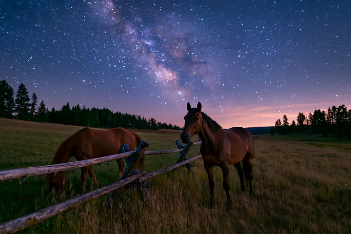 Two horses are grazing near a wooden fence in a field beneath a sky filled with visible constellations and the Milky Way.