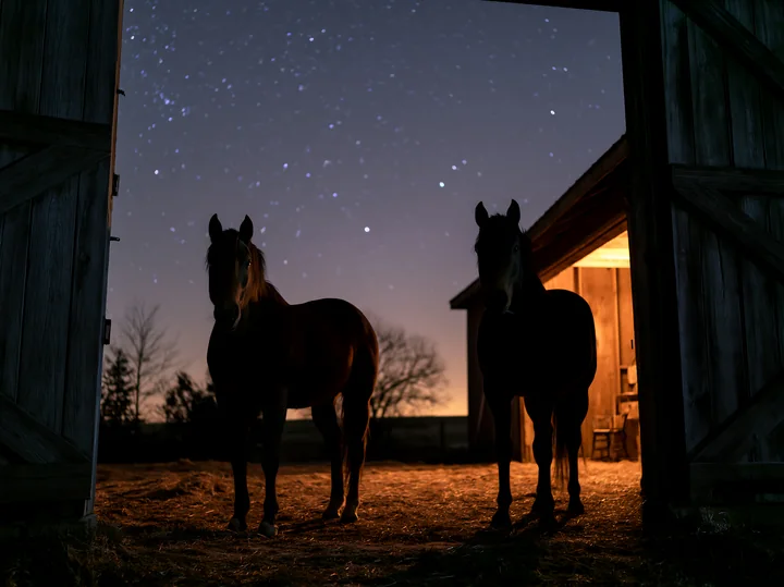 Two horses stand in the doorway of a barn under a sky filled with stars.