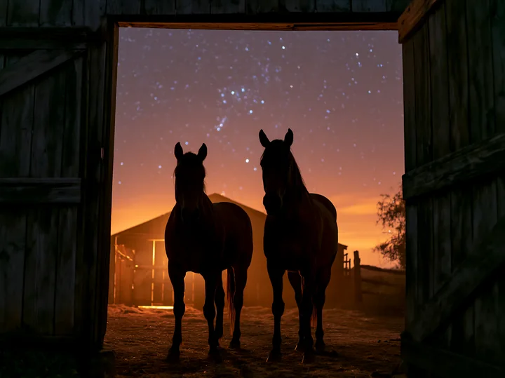 Two horses stand silhouetted in a barn doorway against a starry sky.