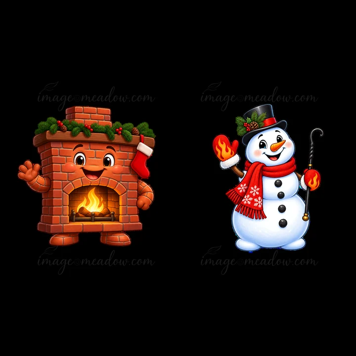 A cheerful cartoon fireplace with a red stocking hangs beside a friendly snowman wearing a top hat and holding a candy cane. The scene captures festive holiday cheer with bright colors and playful expressions.