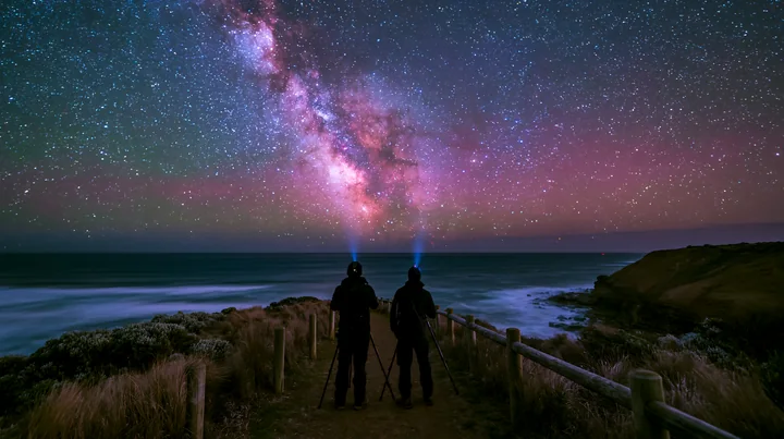 Two people stand on a coastal path, using tripods to capture the Milky Way.