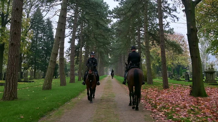 Two police officers on horseback patrol a dirt path in a cemetery lined with trees.