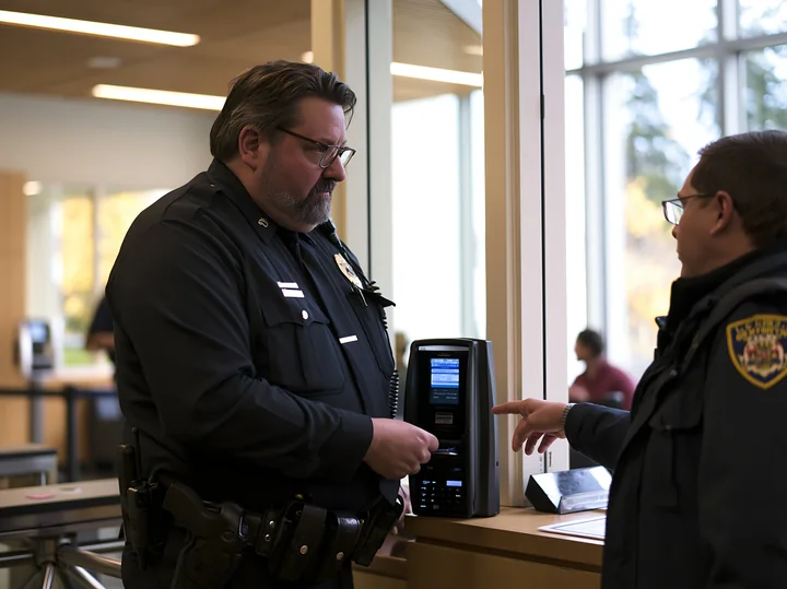 Two uniformed police officers inspect an electronic security checkpoint inside a bright public building.