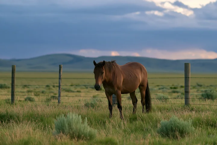 Two wild horses graze in a grassy area under a cloudy sky.
