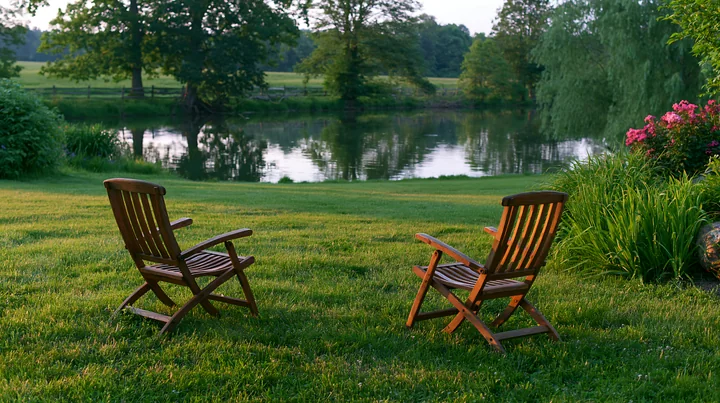 Two wooden chairs sit in a freshly mowed meadow facing a calm river surrounded by trees.