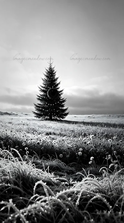 A Christmas tree stands in a meadow filled with frost and flowers. Sunlight illuminates the scene, highlighting the tree and creating a festive atmosphere in wi