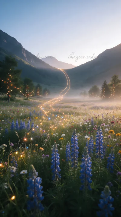 Christmas lights are strung across a mountain valley meadow. Blue flowers bloom in the foreground. The path leads toward the mountains under a soft morning sky,