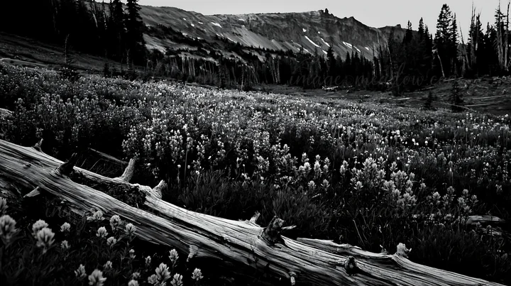 A weathered log lies on the ground in a meadow filled with vibrant wildflowers of pink, blue, and white. The scene is set against a mountainous background. Pres