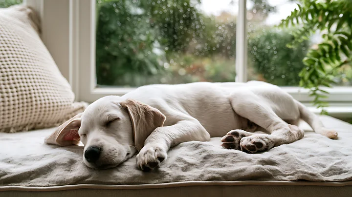 White and tan puppy sleeping on a linen blanket beside a bright window with greenery outside.
