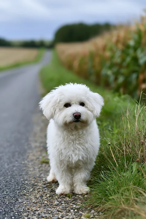 White fluffy dog standing on a rural gravel road beside grassy fields and roadside vegetation.