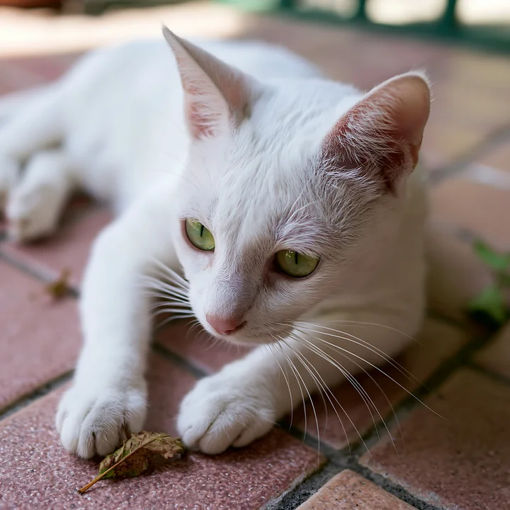 White Khao Manee cat with green eyes rests on a tiled surface beside a fallen leaf.