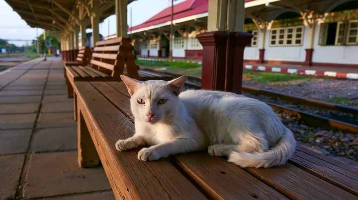 White Khao Manee cat with mismatched eyes resting on a wooden bench beside railway tracks.