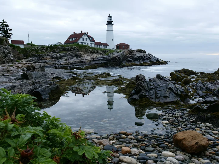 White lighthouse overlooking a rocky tide pool and pebble beach beneath an overcast coastal sky.