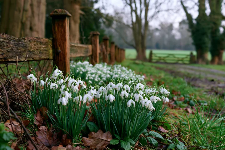 White snowdrop flowers bloom beneath trees beside a rustic wooden fence and woodland path.
