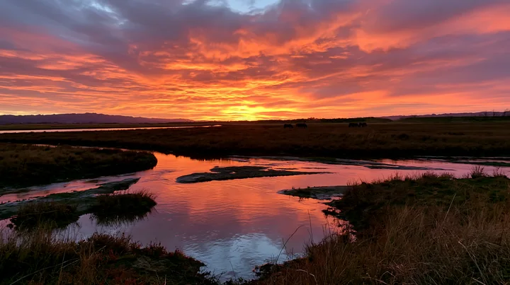 Wild horses graze quietly beneath a vibrant sunset.