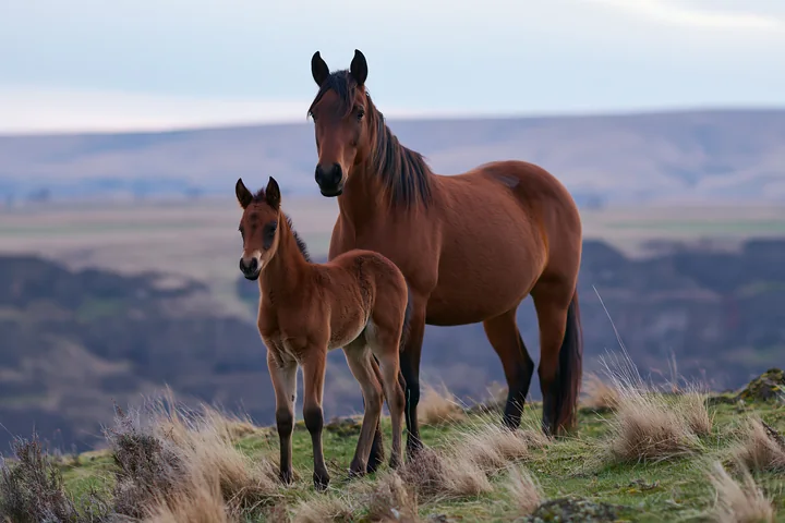 Wild horses near canyon cliffs stand on grassland, showcasing a mare and her foal.