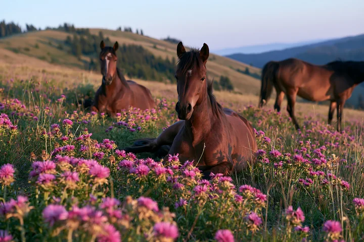 Wild horses resting after running are seen lying in a field filled with colorful flowers.
