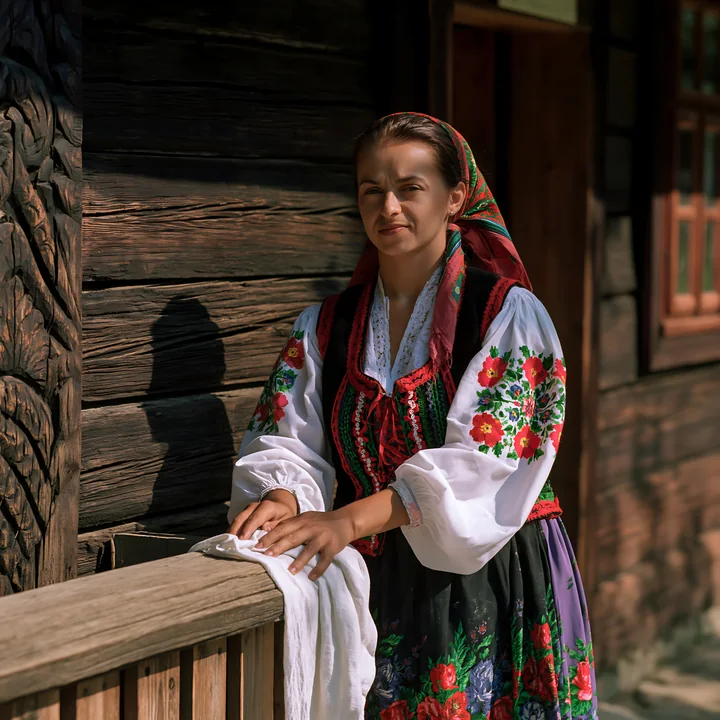 Woman in heritage attire wipes a wooden railing outside a rustic wooden house.