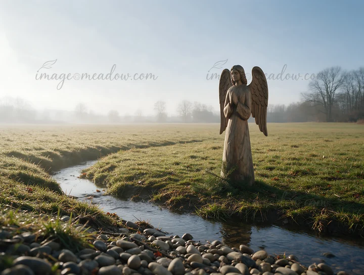 A wooden angel figure is positioned in a grassy meadow. A small stream flows nearby while fog covers the area, creating a quiet morning scene. The angel remains