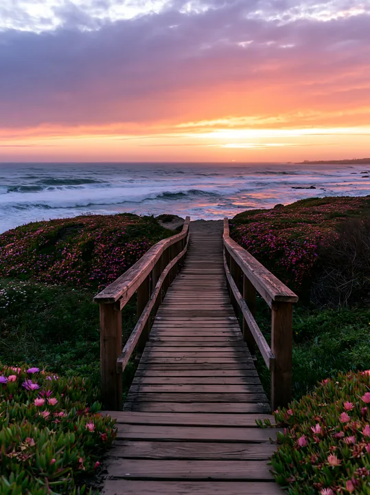 Wooden boardwalk through pink flowering coastal plants toward ocean waves at sunset
