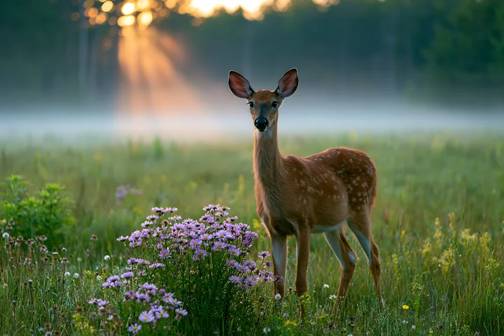 Young spotted deer standing among purple wildflowers in a misty meadow with warm sunbeams.