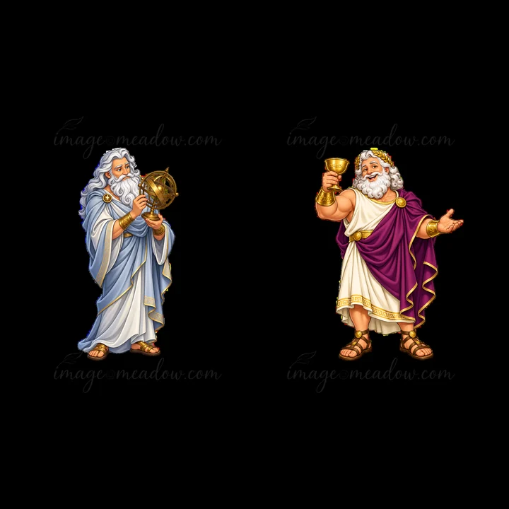 Zeus stands holding a golden cup on one side and an orb on the other. He is dressed in a white robe and purple cloak, featuring gray hair and beard. The setting