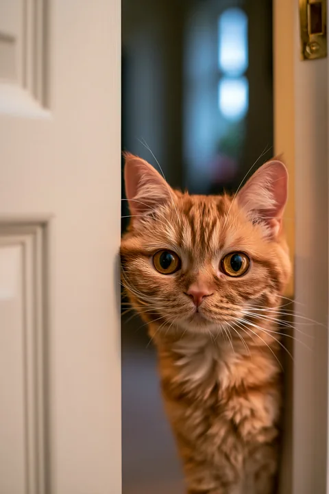 A Bambino cat stands at a doorway, peeking into the room.