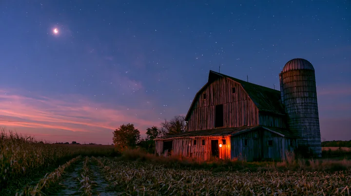 A barn stands in a rural area as stars fill the night sky.