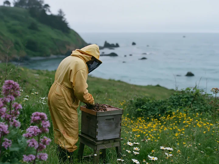 A beekeeper collects honey in a coastal meadow overlooking ocean.