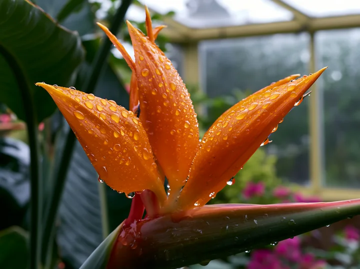 A bird of paradise flower stands out with bright orange petals covered in water droplets, surrounded by lush green leaves in a tropical greenhouse.