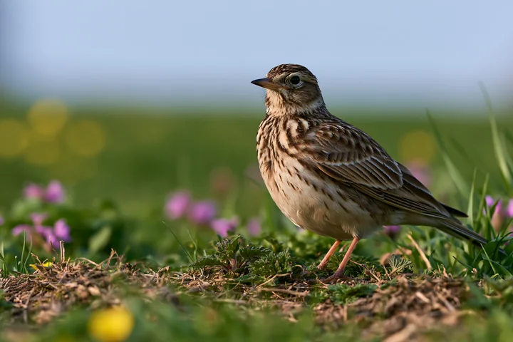 A bird stands on the ground in a meadow recovering after mowing.