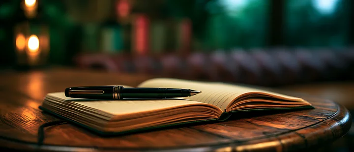 A black pen rests on an open notebook on a wooden table.