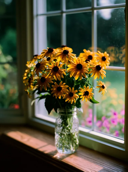 A bouquet of bright yellow rudbeckia flowers stands in a jar on a windowsill.