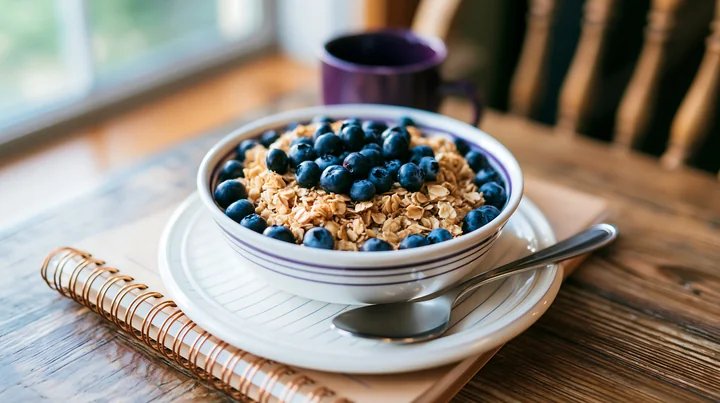 A bowl filled with muesli topped with blueberries sits on a wooden table.