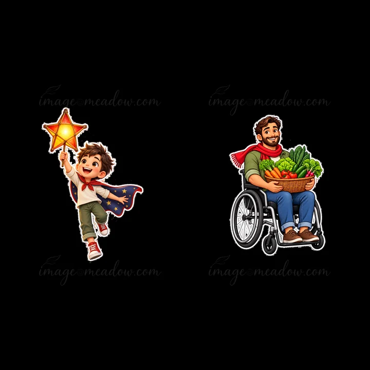 A boy wearing a cape joyfully holds a glowing star while running. Beside him, a man in a wheelchair smiles as he carries a basket filled with fresh vegetables.