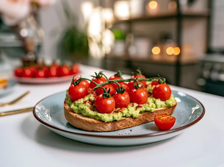A breakfast plate features avocado toast topped with cherry tomatoes in a cozy kitchen setting.