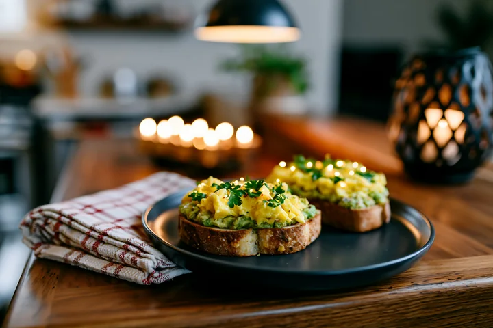 A breakfast plate features slices of bread topped with avocado and scrambled eggs, placed on a wooden table with candles and a cozy kitchen setting in the backg