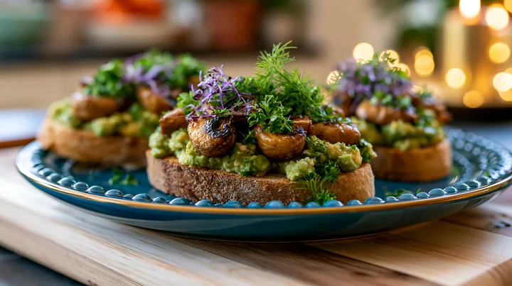 A breakfast plate features slices of whole grain bread topped with mashed avocado, sautéed mushrooms, and fresh herbs.