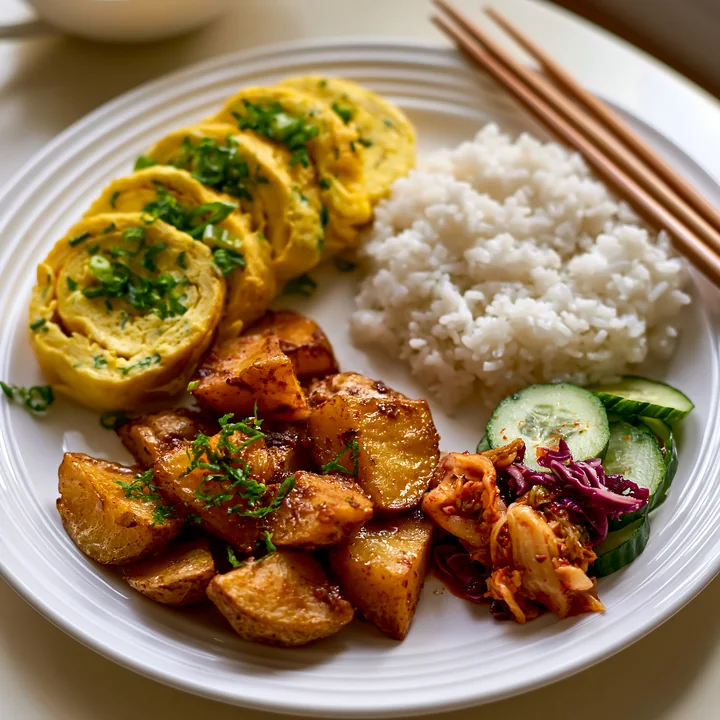 A breakfast plate with Korean breakfast shows sliced rolled eggs, rice, potatoes, cucumbers, and pickled vegetables arranged neatly.
