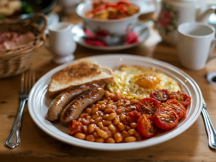 A breakfast plate with sausage, eggs, baked beans, and grilled tomatoes sits on a wooden table.