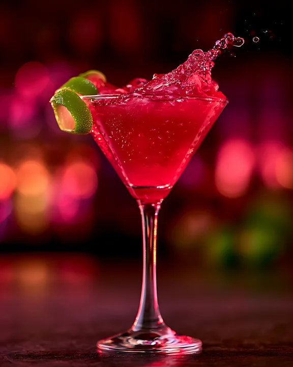 A bright pink cocktail with lime wedges sits in a glass.